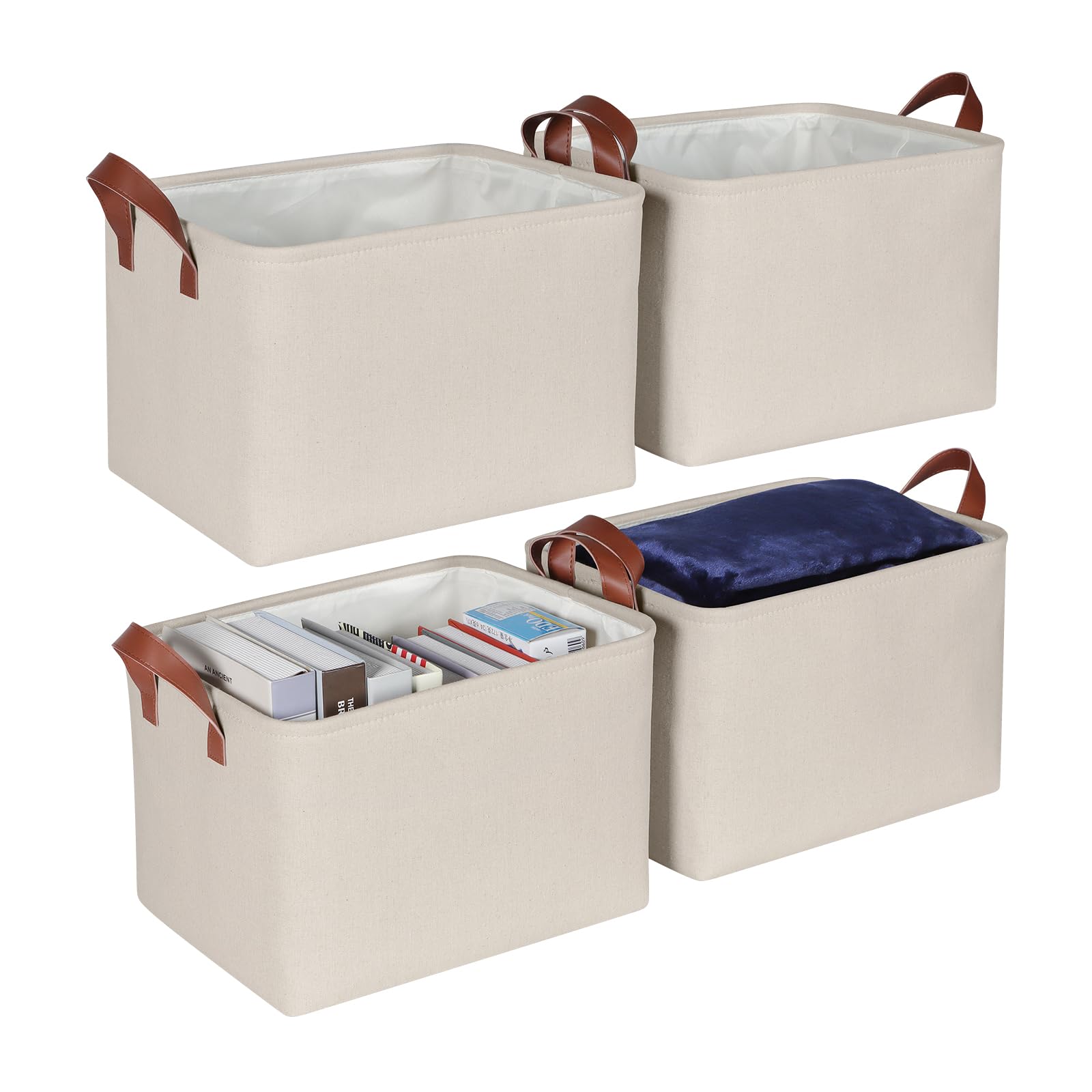 Syeeiex Storage Baskets for Shelves 4 Pack, Fabric Storage Boxes with Leather Long Handles, Foldable Storage Basket for Toys, Clothes , Organizing Home and Office - Natural