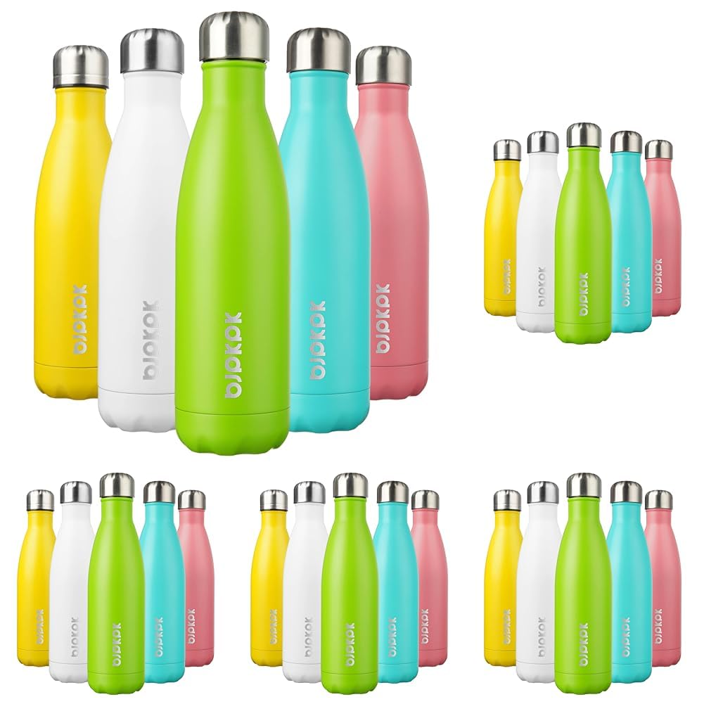 BJPKPK Insulated Water Bottles -17oz/500ml -Stainless Steel Water bottles, Sports water bottles Keep cold for 24 Hours and hot for 12 Hours,BPA Free water bottles,Green (Pack of 5) Image