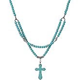 Rosslyons Bohemian Created Turquoise Beaded Necklaces Double Strand Statement Necklaces Handmade Vintage Charm Cross Pendant Necklaces Long Boho Hippie Antique Fashion Costume Jewelry Gifts for Women