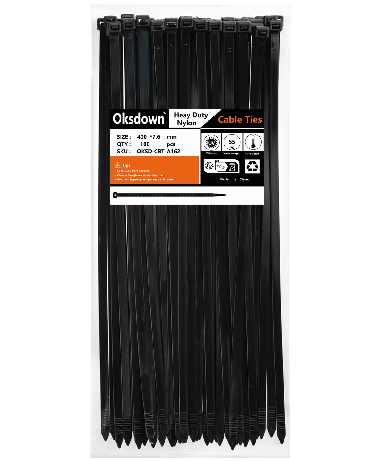 Oksdown 100 Pack Black Thick Cable Ties Heavy Duty Large 400mm×7.6mm Strong Nylon Plastic Self Locking 16 inch/40 cm Long Zip Tie Wraps