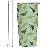 YIKISSKID Dinosaur 20oz Tumbler with Lid and Straw for Women Men, Cute Dinosaur Insulated Mug Olive Green Cartoon Dino Animals Theme Stainless Steel Tumbler Double Wall Vacuum Travel Mug Coffee Cup