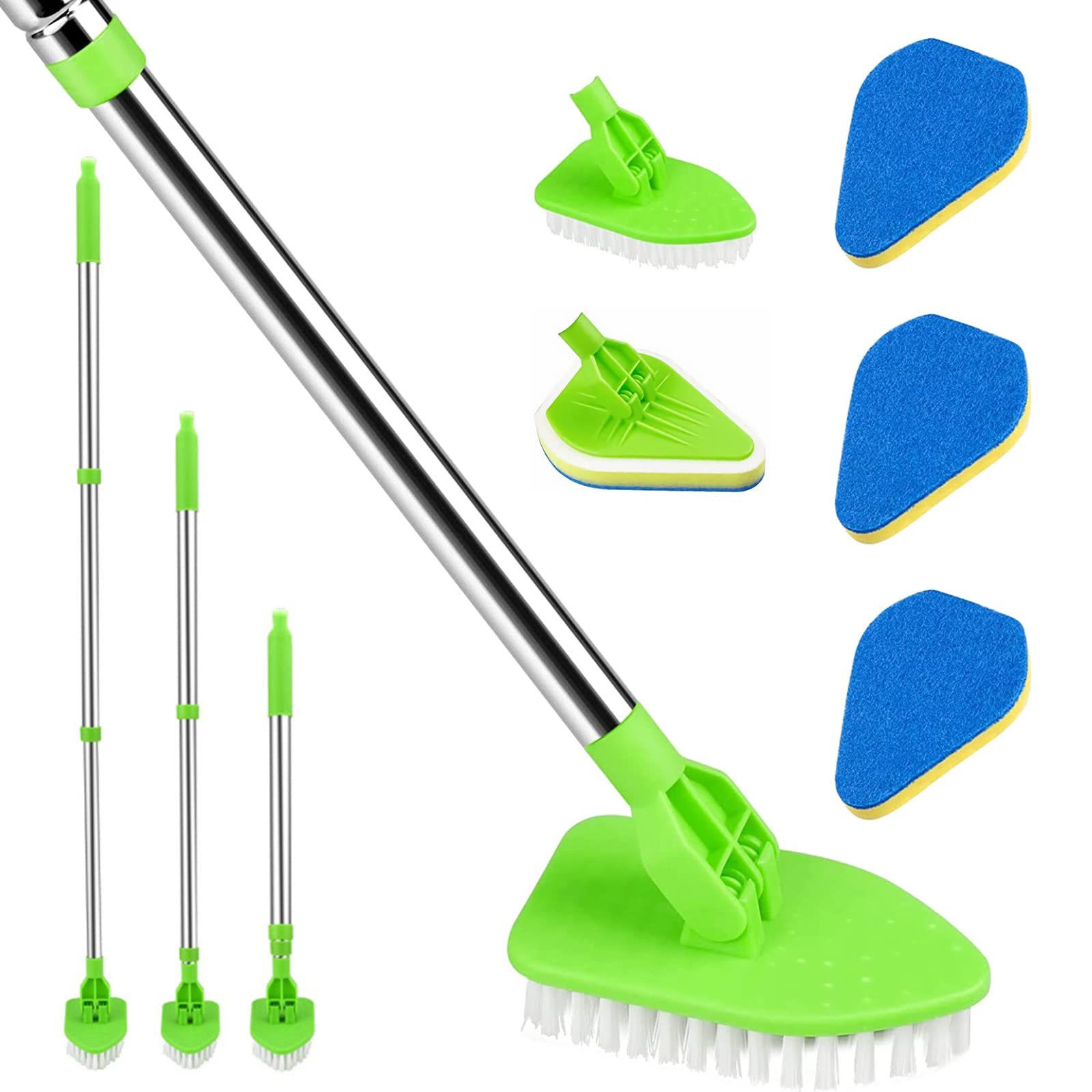 AKOFIC 3 in 1 Shower Cleaning Brush, Scrubbing Brush with Telescopic Long Handled, Detachable Tile Cleaner Brush with 3 Sponge Brushes and 1 Hard Brush for Shower Floor Bathtub Wall Glass