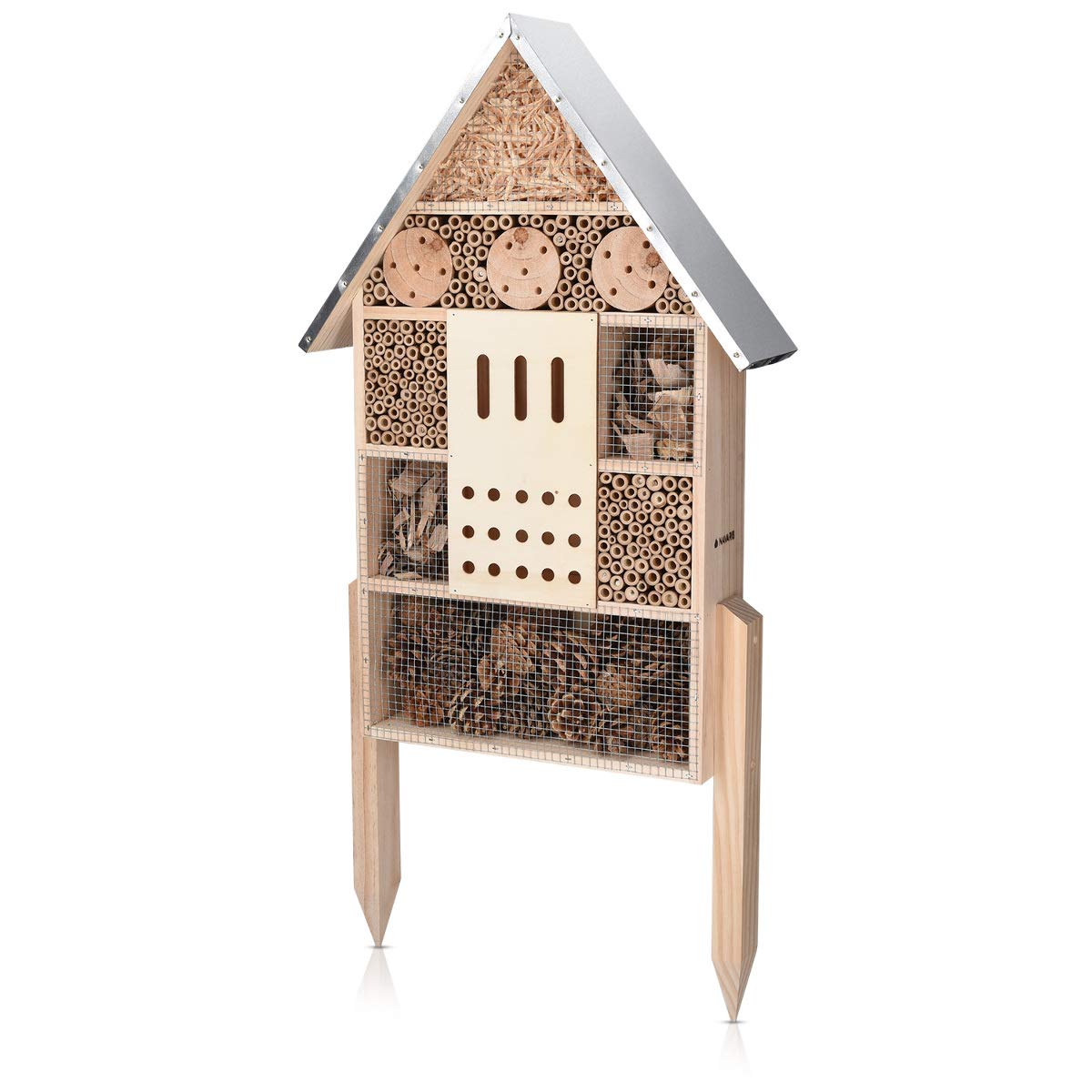 Navaris XL Wooden Insect Hotel - 38 x 11.5 x 57 cm - Natural Wood Insect House - Garden Shelter Bamboo Nesting Habitat for Bees Butterflies Ladybirds