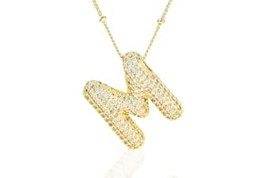 FCLEIH Bubble Letter Necklace, 14K Gold Plated Balloon Initial Pendant Bead Chain Necklace Dainty Iced Out CZ Jewelry Gift fo
