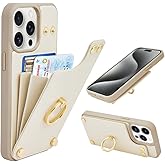 LAMEEKU for iPhone 15 Pro Wallet Case 6.1'', Case with Card Holder, 360°Rotation Ring Stand, RFID Blocking Snap Button Leather Protective Case Designed for Women for Apple iPhone 15 Pro Beige (2023)