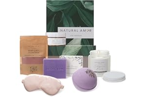 NATURAL AMOR LOS ANGELES Natural Amor Spa Gift Set for Women – Handmade Lavender Soap, Rose Clay Mask, Candle, Rose Bath Salt & Sleep Mask – Relaxing Self Care Kit, Birthday Gift Box for Her