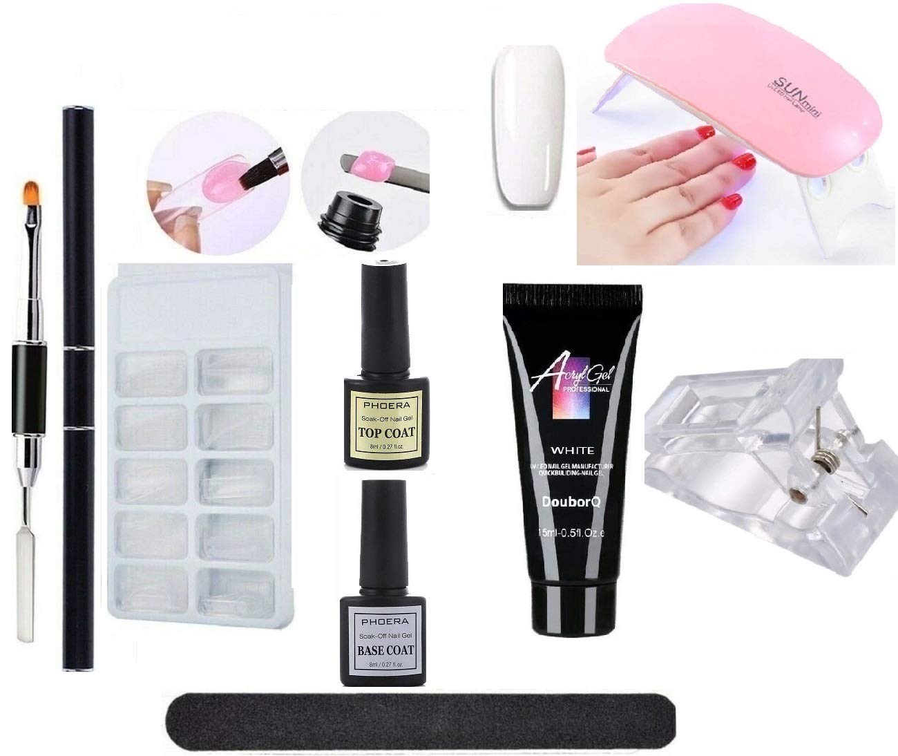 Poly Nail Gel Complete Kit Nail Builder Acryl Gel Nail Polish Polygel 15ml Nail Tips Extension Gel Style Mix UV/LED Lamp DIY Nail Art Lady Spatula Base Top Coat 10 Pcs Kit (001 WHITE)