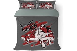 PALNOKIN Retro Basketball Shoes Duvet Cover Set Quenn Size, Men Sneaker Sports Graffiti Bedding Comforter Cover for Teen Boys Girls Bedroom, 3 Pieces Soft Microfiber Bedding Sets with 2 Pillowcases