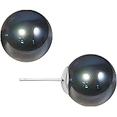WARIDAR 8, 10, 12mm Tahitian Black, Blue Faux Pearl S925 Silver Stud Earrings | Hypoallergenic Rich Radiance Round Pearl Minimalist Studs | Luxury Timeless Meaningful Gift Earrings for Ladies Daily Wear & Gift