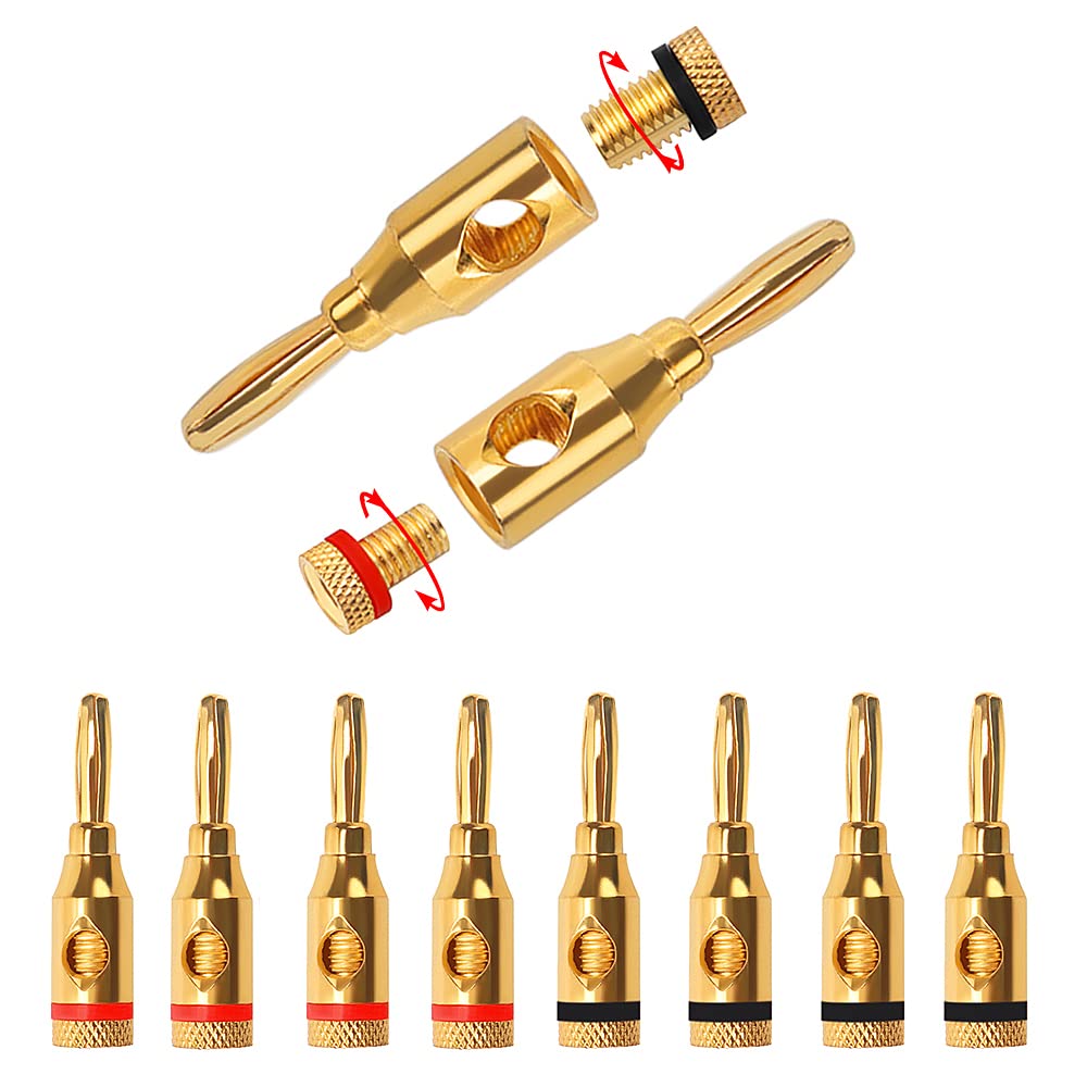 KUOQIY 10 PCS 24K Gold Plated Banana Plugs, 4mm Speaker Plug Connectors, for Musical Audio & AV Receiver, 5 Red + 5 Black — image 1