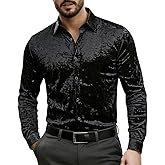 KISSQIQI Mens Dress Shirts Velvet Long Sleeve Shirts Casual Button Down Solid Slim Fit Muscle Shirt for Wedding Party