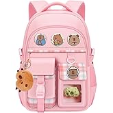 DHUENIOPE Capybara Backpack Cartoon backpack with Cute Pin Accessories Capybara Plush and Keychain Laptop Bag Casual Daypacks (PINK)