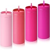 Baderke 4 Pack 16 oz Skinny Tumblers with Lid and Straw Matte Multicolor Reusable Double Wall Plastic Cup Coffee Travel Drinking Mug for Valentine Day Girl Women Home Birthday Gift (Pink)