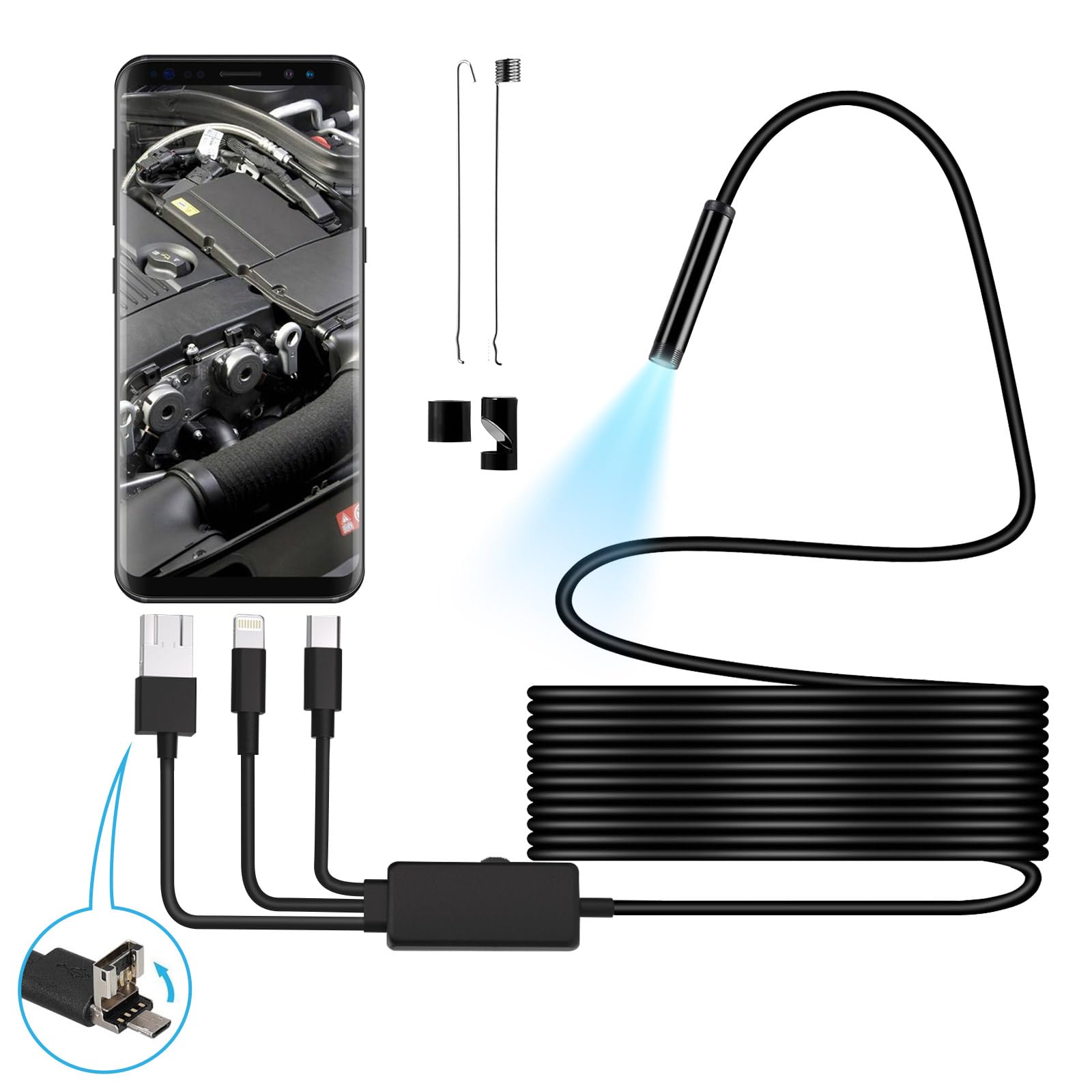 Photo 1 of 4-in-1 Articulating Borescope for iPhone Andriod & PC, Industrial Borescope Camera with Light, 1920p Endoscope iPhone with 8 Adjustable LED Lights IP67 Waterproof Inspection Camera Automotive Tool