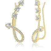 Cubic Zirconia Ear Climber Earrings - Sterling Silver Hypoallergenic Ear Crawler Earrings CZ Ear Cuff for Women,Gold
