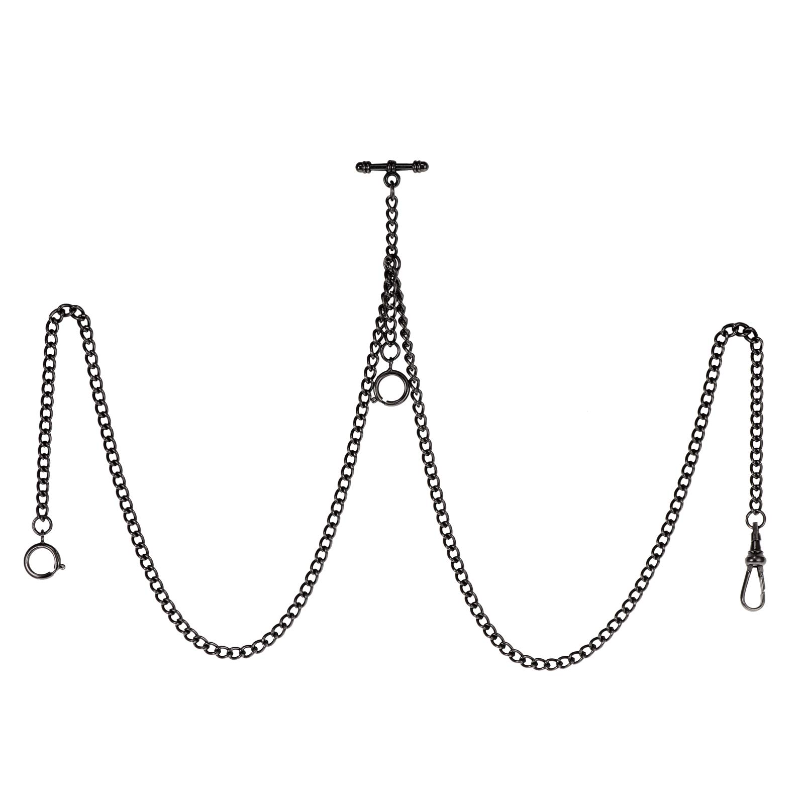 TREEWETO Pocket Watch Double Albert Chain T-Bar Watch Chain Link 16 inch 3 Hooks Black Classic Antique Fob T Bar