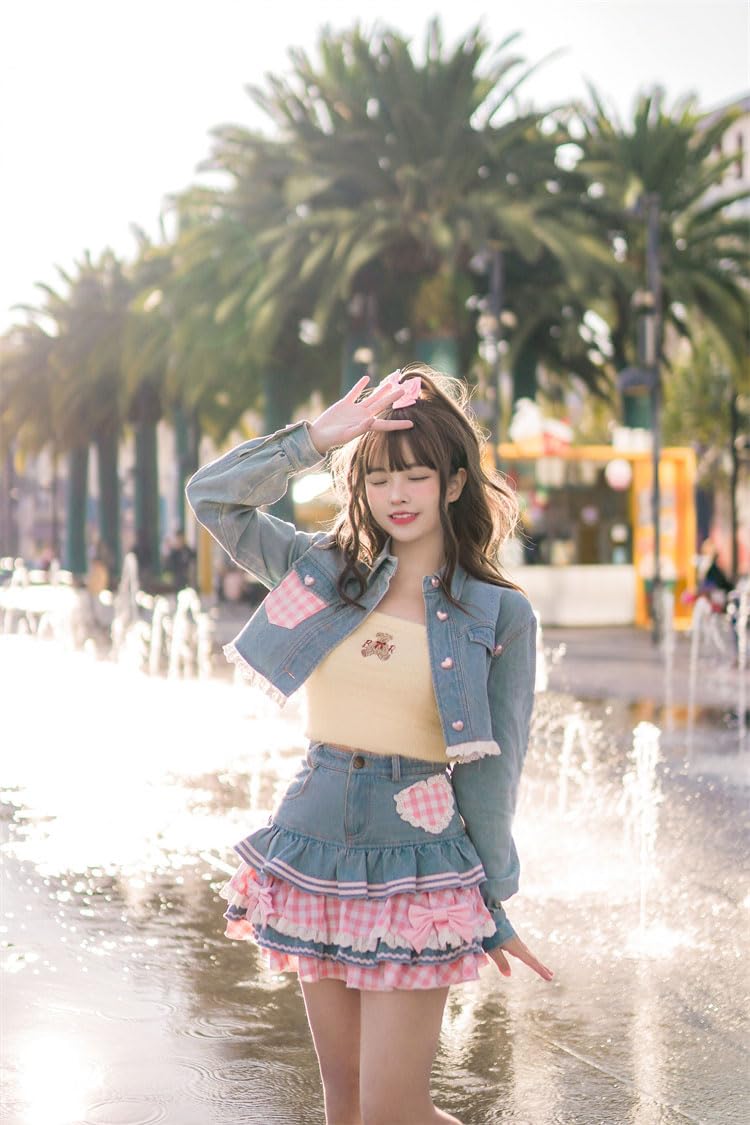GETADME Preppy Style Lolita Kawaii Skirts Japanese Sweet Mini Women Harajuku Cute Ball Gown Denim Skater Y2K High Waist Lace Cake Skirts