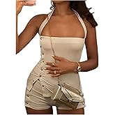 Milumia Women's Two Piece Outfit Button Split Sleeveless Halter Top and Mini Shorts Set