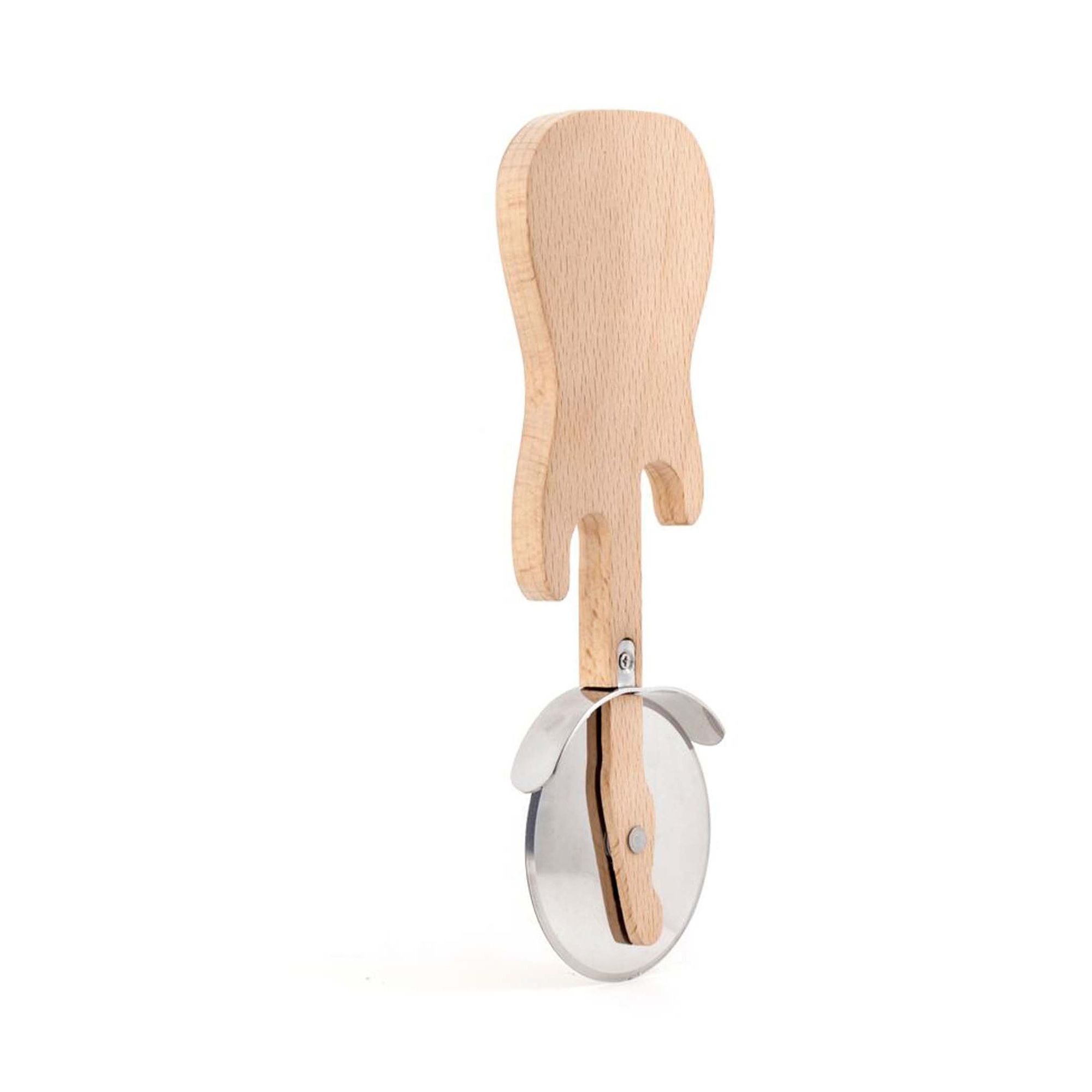 Kikkerland Rockin Pizza Cutter, Stainless Steel Blade, Thumbguard For Safety, Beech Wood CU108