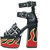 HiColor Women's Red Flames Printed Straps Open-toed Rivets Ankle Sandals.Platforms Thick-soled Bold High Heels Studs Sandals.