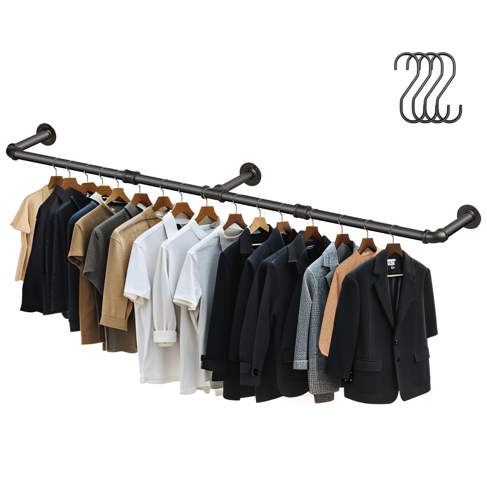 Photo 1 of Aduanbang 64.9in Industrial Pipe Wall Mounted Clothes Rack, Heavy Duty Detachable Iron Garment Bar, Rustic Space-Saving Hanging Rod for Bedroom, Closet – Black