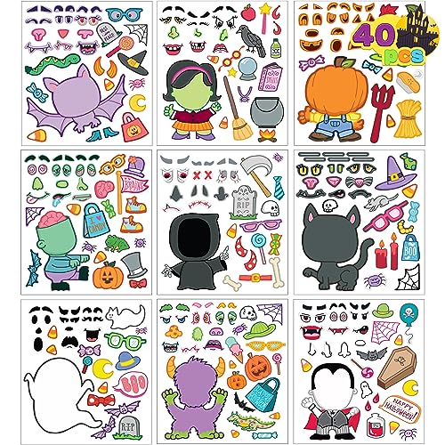 JOYIN 40 Pcs Halloween Make a Face Stickers, Halloween Party Favor, Kids Craft Party Supplies, Class Art Activities Games Goodies, Sticker Sheets with Vampire, Zombie, Pumpkin, Witch, Full Body Design