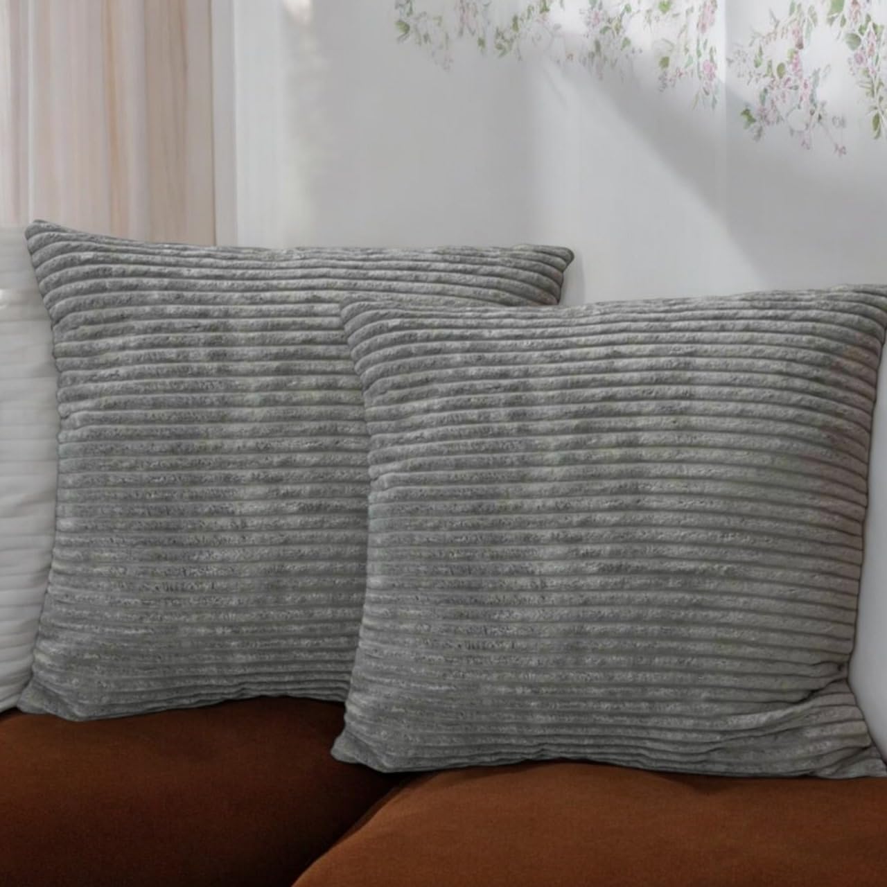 Seechoo Corduroy Cushion Covers, Set of 2, 45 x 45 cm, Striped, with Invisible Zipper, 18 x 18 Inch (Grey)