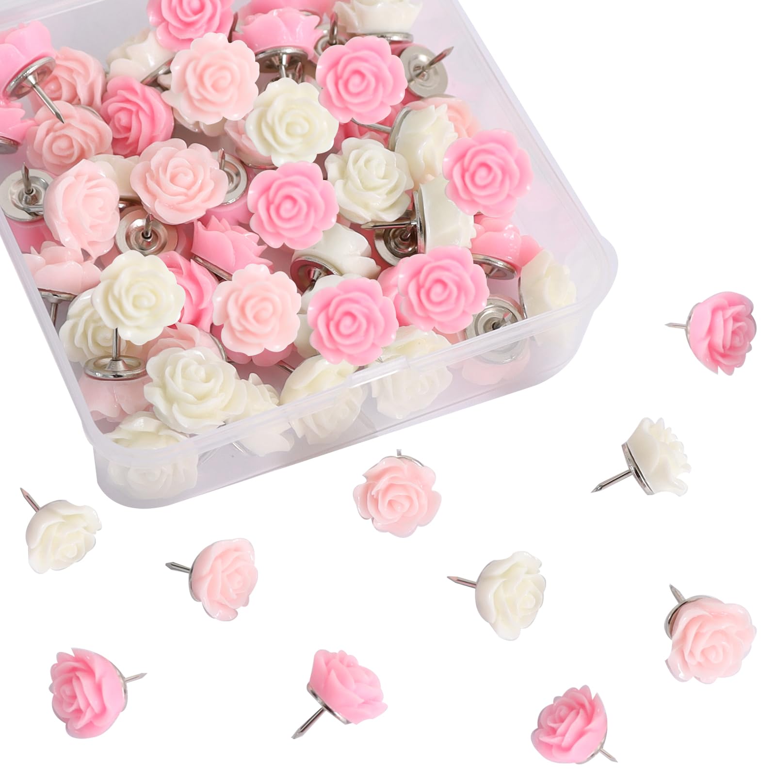 Photo 1 of Vuzvuv 60 Pcs White and Cream Pink Rose Flower Push Pin with Gradient Color for Bulletin Board,Decorative Cute Thumbtacks Floret Flower Pins for School, Office