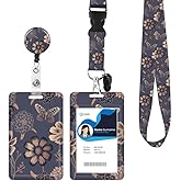 ID Badge Holder with Retractable Lanyard and Keychain, Badge Reel with Rotate Carabiner Clip,Gold Flowers Card Name Tag Lanyard ID Protector Bage Clips for Teachers, Student, Women, Office