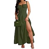Generic Women Casual Corset Dress Sleeveless Lace Up Ruched Bodycon Split Tie Square Neck A Line Boho Flowy Maxi Sundress