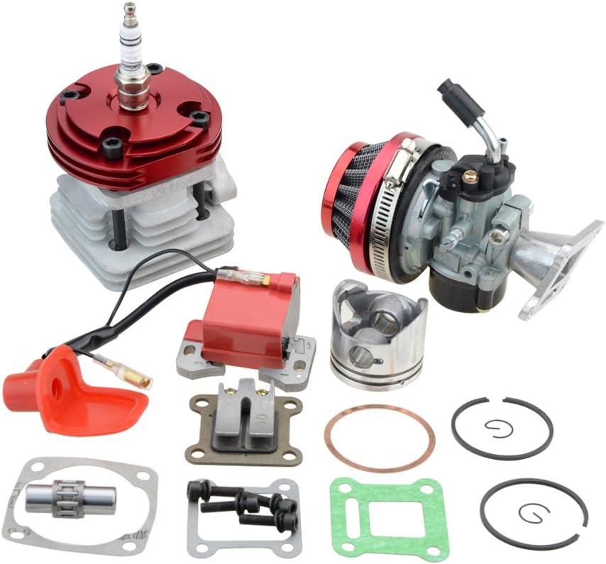 GOOFIT 44mm red Cylinder Carburetor Air Filter ignition coil Set Big Bore Top Kit of Piston Replacement For 47cc 49cc 50cc 53cc 54cc 2 stroke Engine Pocket Bike Atv Quad Motocross