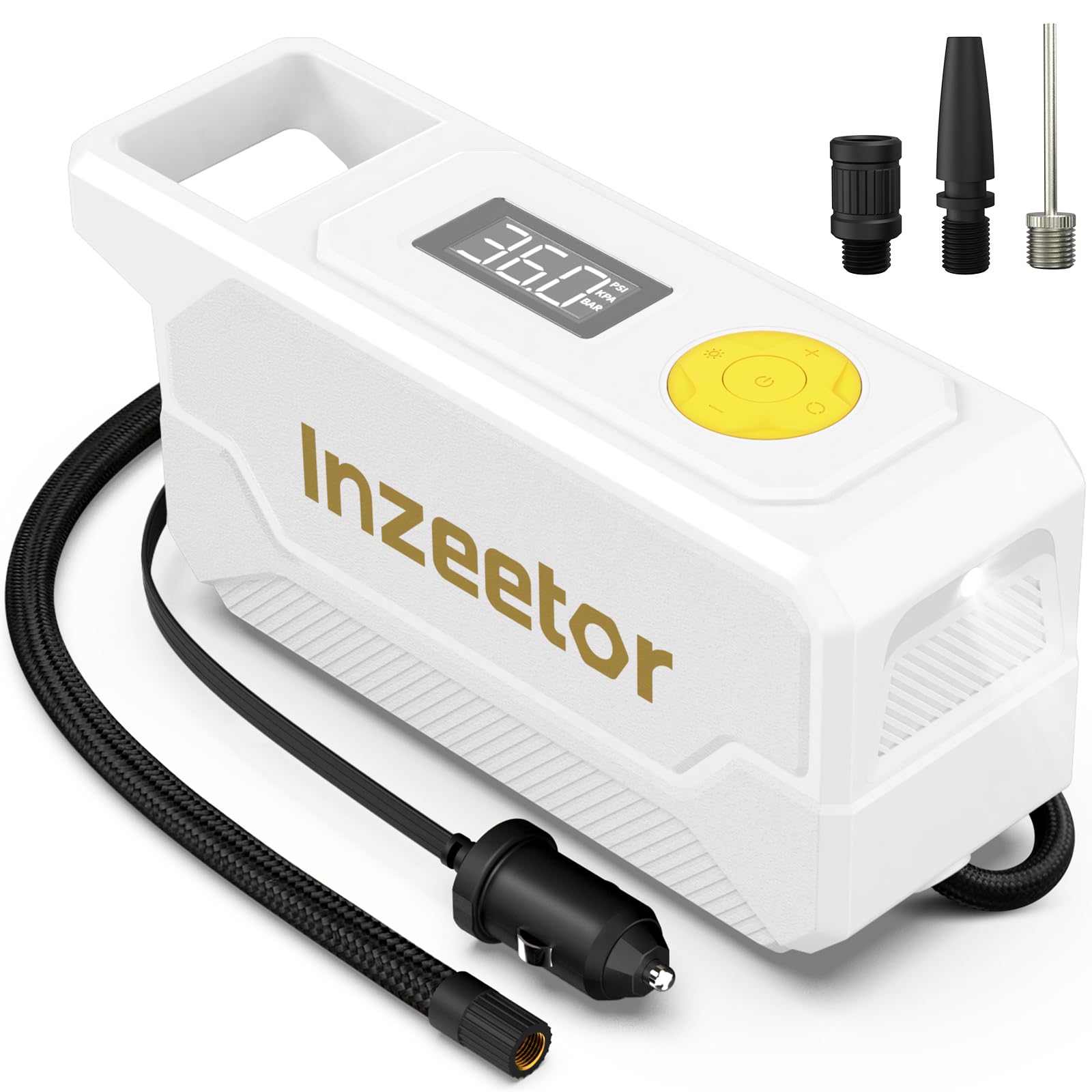 Photo 1 of *USED MISSING PIECES*Inzeetor 150 PSI Tire Inflator Portable Air Compressor, 12V DC Auto Shutoff Air Pump with Digital Pressure Gauge and Emergency LED Light for Car Tires, Bicycle & Balloons, White