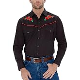 ELY CATTLEMAN Men's Long Sleeve Western Shirt with Rose Embroidery, Black w/Red Rose, L