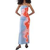 RARITYUS Women's Floral Printed Strapless Maxi Dress Sexy Slit Back Tube Top Dress Summer Beach Bodycon Dresses