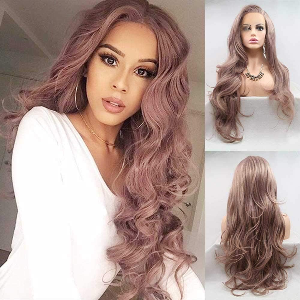 Xiweiya Long Wavy Wig - Light Pink Synthetic Lace Front Wig, Heat Resistant, 24"