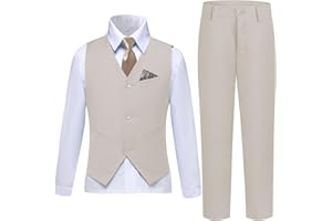 LOPEN STU Boys Suit Formal Dress Pants Vest Suit Set for Boys Wedding Outfits with Dress Shirt Tie and Pocket Square