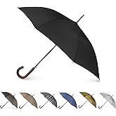 Totes Eco Auto Open Umbrella Classic Wooden J Stick Handle with Easy Grip - Windproof, Rainproof and Durable Canopy Design – Versatile Travel, Perfect for Rainy Days