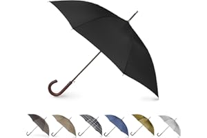 Totes Eco Auto Open Umbrella Classic Wooden J Stick Handle with Easy Grip - Windproof, Rainproof and Durable Canopy Design – Versatile Travel, Perfect for Rainy Days