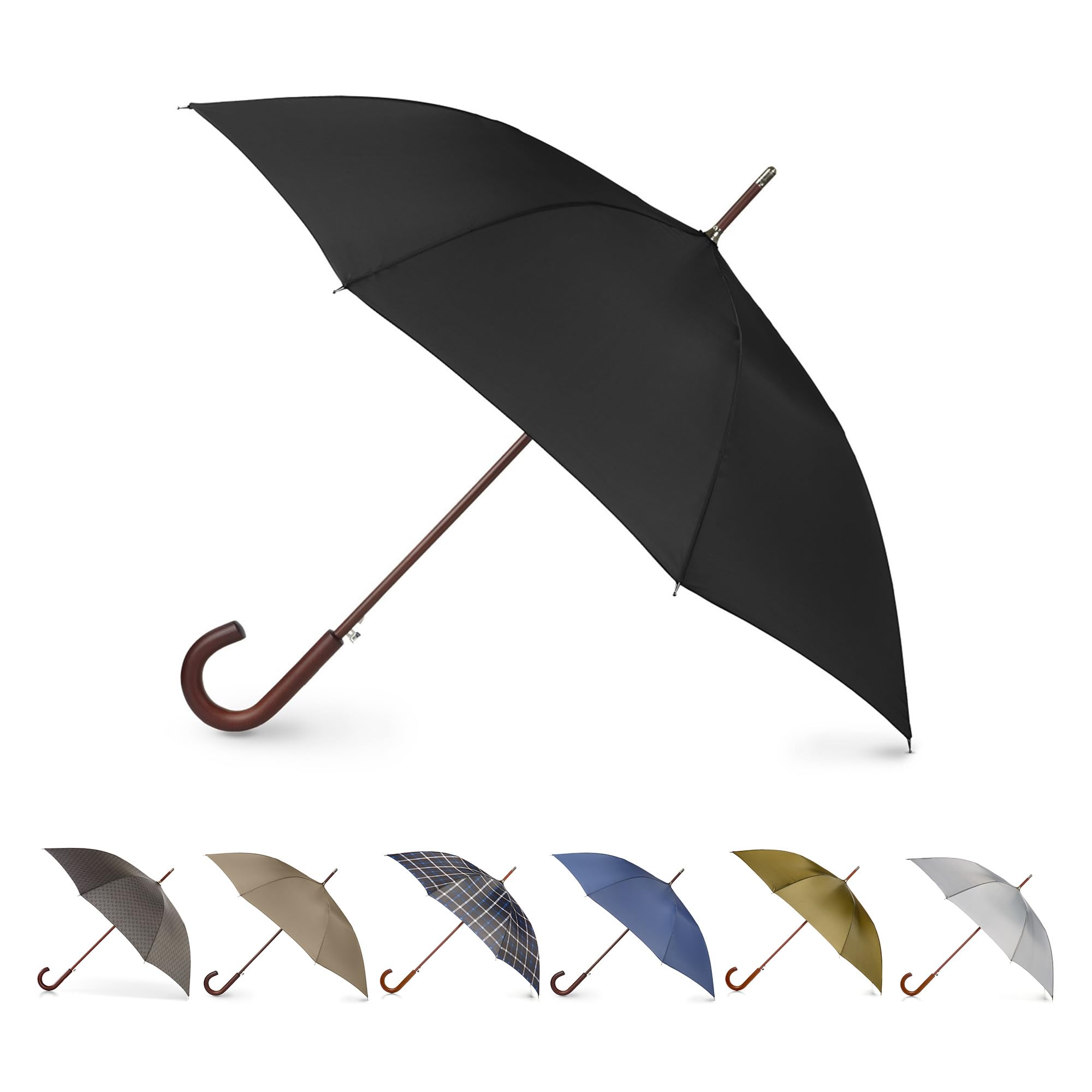 totes Eco Auto Open Umbrella Classic Wooden J Stick Handle with Easy Grip - Windproof, Rainproof and Durable Canopy Design – Versatile Travel, Perfect for Rainy Days