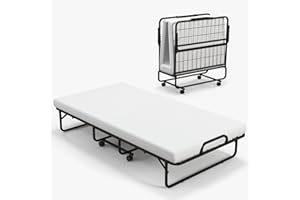 KOMFOTT Folding Rollaway Bed with 4” Mattress, Twin Size Portable Bed with Rolling Casters, Memory Foam Mattress & Metal Frame, Foldable Beds for Guest Room & Office