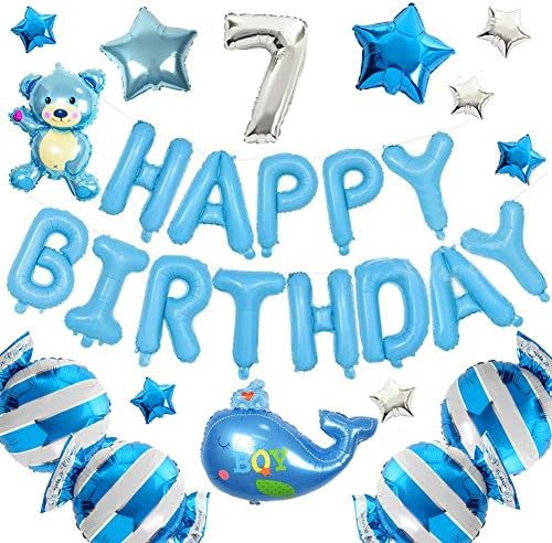 Foil Kids Happy Birthday and Age Number Balloons Set – Number, Letters, Pump, Ribbons, Tape – Girls, Boys (Blue, 7)