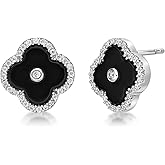 Lavari Jewelers Four Petal Halo Flower Stud Earrings for Women - Black Onyx Mother of Pearl Malachite Cubic Zirconia in 925 Sterling Silver - Hypoallergenic Gold Plated - 11 MM Push Back Studs for Her