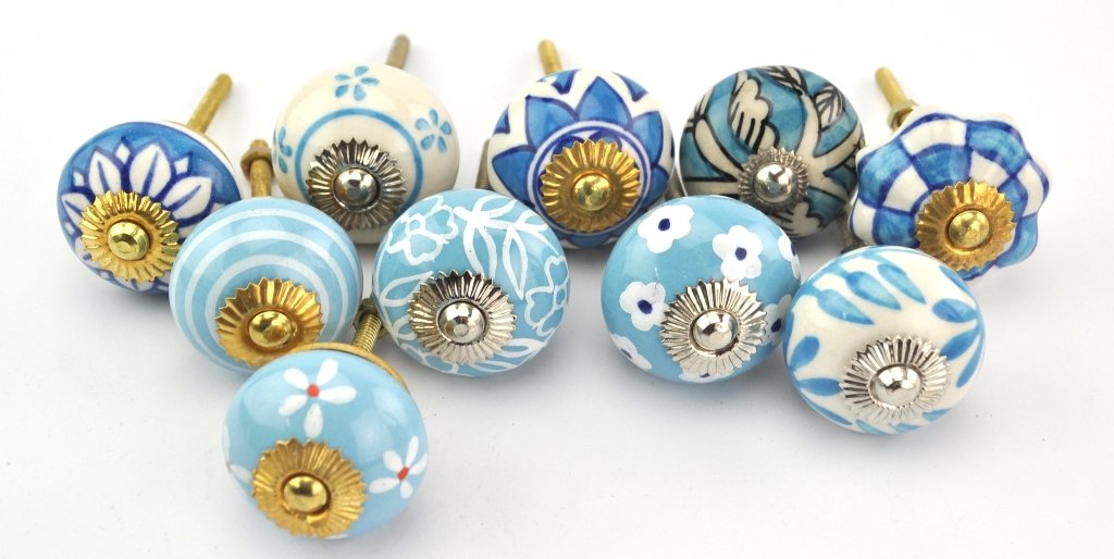 Set Of 10 Blue White Ceramic Cupboard Cabinet Knobs Drawer Pulls