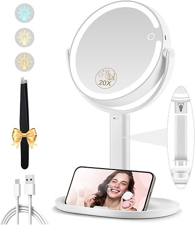 MOMOKUBA 20x Magnifying Mirror with Light, 360° Rotation, Rechargeable