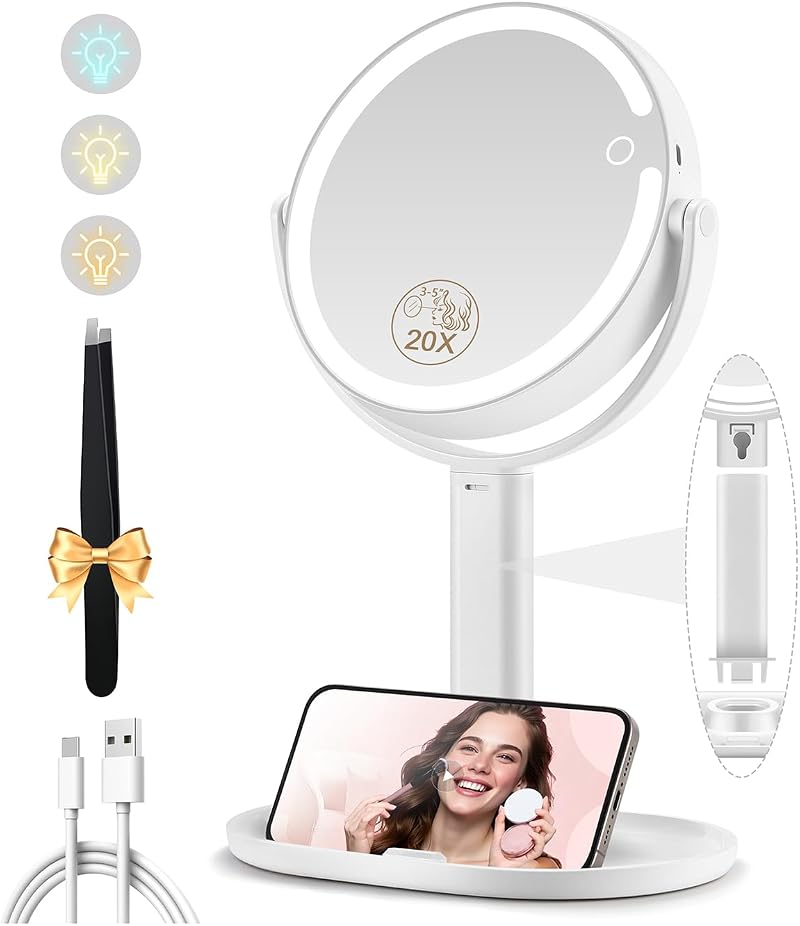 MOMOKUBA 20x Magnifying Mirror with Light, 360° Rotation, Rechargeable