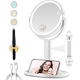 MOMOKUBA Makeup Mirror with Lights, Double Sided 1x/20x Magnifying Mirror with Light, Rechargeable 3 Color Lights and Adjustable Brightness, 360° Rotation Detachable Comes with Tweezer(White)