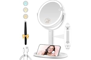 MOMOKUBA Makeup Mirror with Lights, Double Sided 1x/20x Magnifying Mirror with Light, Rechargeable 3 Color Lights and Adjustable Brightness, 360° Rotation Detachable Comes with Tweezer(White)
