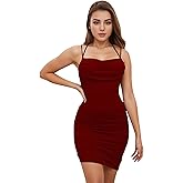 Zeflows Womens V-Neck Cowl Neck Halter Spaghetti Strap Ruched Bodycon Dress Sexy Stretchy Sleeveless Party Club Mini Dress