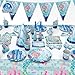 Mermaid Birthday Party Supplies Decorations Kit Favors - Serves 16 - Tablecloth, Plates, Napkins, Cups, Spoons, Knives, Straws, Invitation Cards, for Girl's Birthday and Baby Shower Decor - 113 Pcs