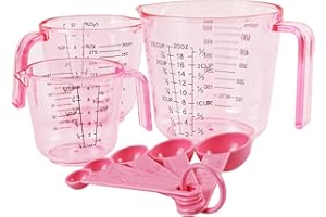 Pink Plastic Measuring cup Measuring spoon Set: 3 Stackable Liquid Measuring Cups 150/300/600ml and 5 Spoons 1.25-15ml, Used 
